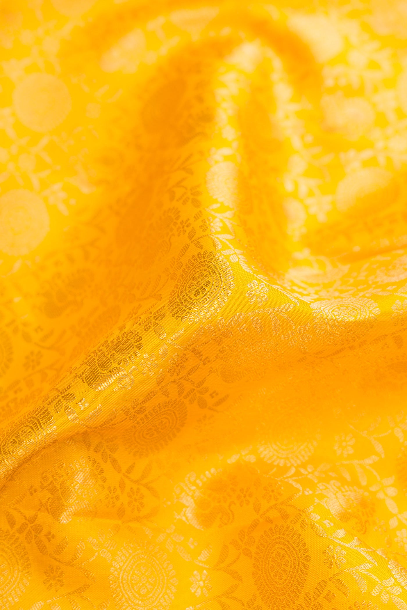 Close up of Yellow Dual Tone Kanjivaram Silk Saree with Zari Brocade on the body and Zari Border.  displaying folds
