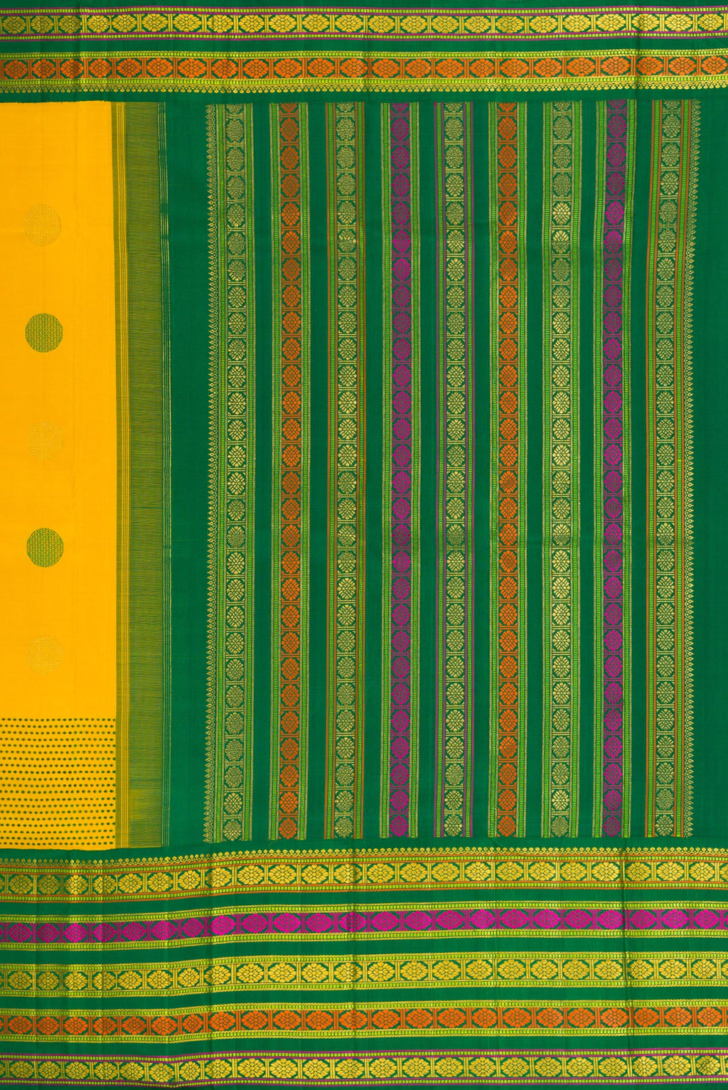 Close up image of the pallu of Pure Silk Pure Zari Yellow Dual Tone Kanchipuram Saree with Zari And Thread Butta on the body and Fancy Border. 