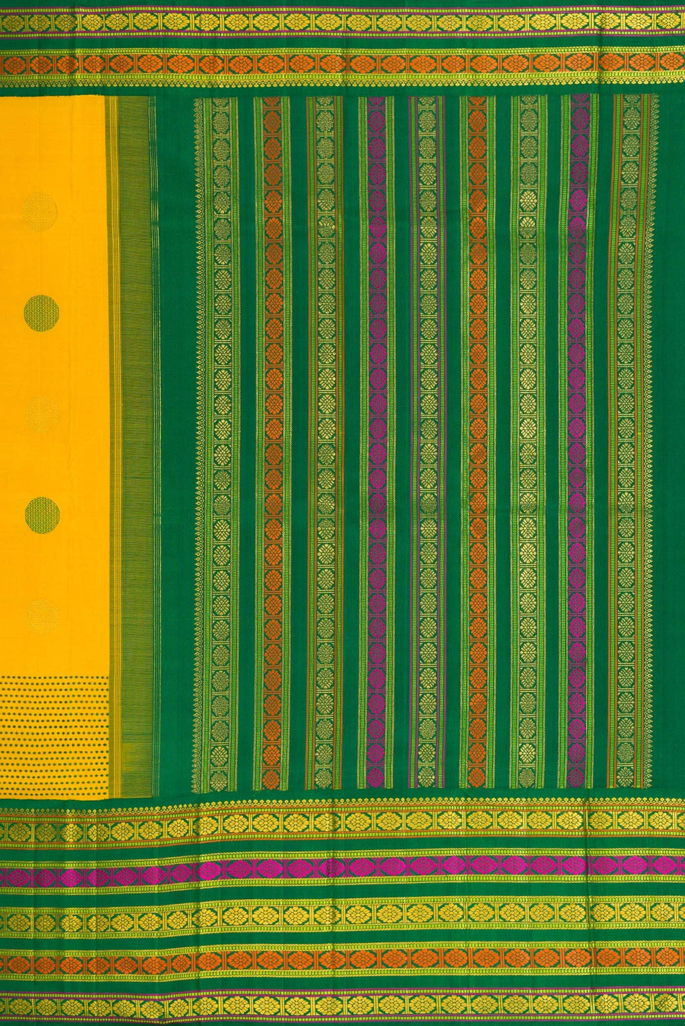 Close up image of the pallu of Pure Silk Pure Zari Yellow Dual Tone Kanchipuram Saree with Zari And Thread Butta on the body and Fancy Border. 