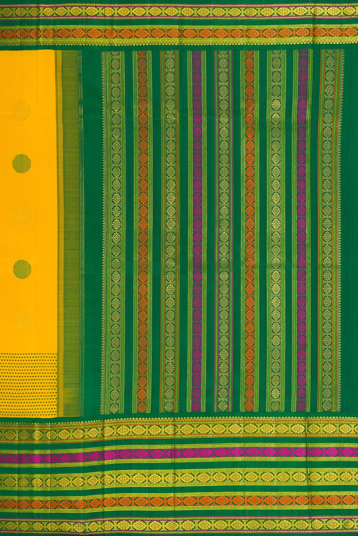 Close up image of the pallu of Pure Silk Pure Zari Yellow Dual Tone Kanchipuram Saree with Zari And Thread Butta on the body and Fancy Border. 