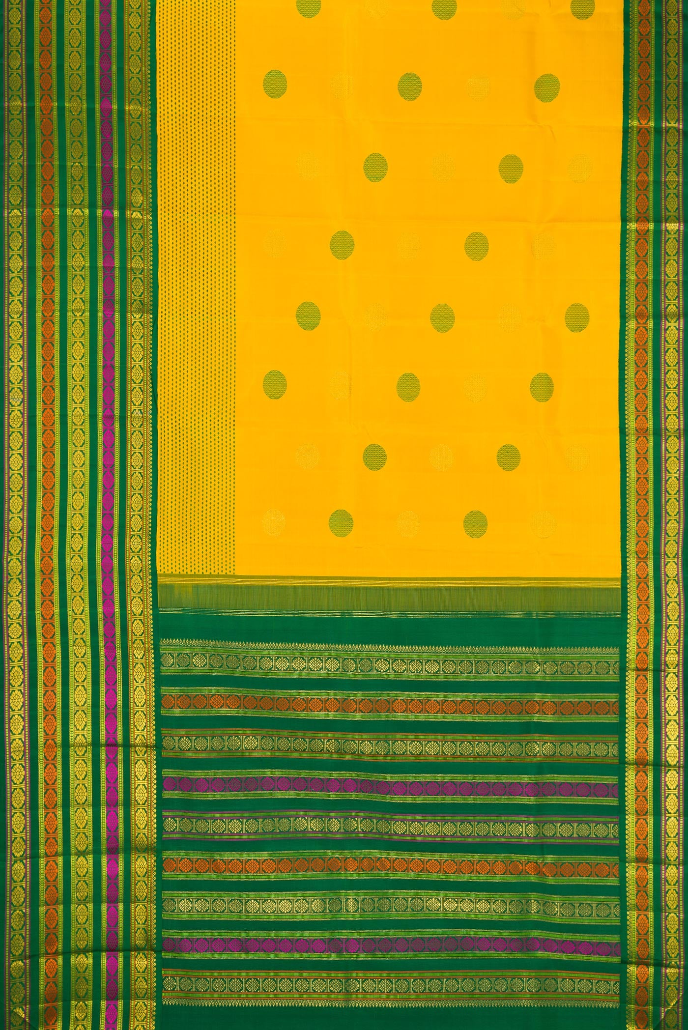 Flat view of Pure Silk Pure Zari Yellow Dual Tone Kanchipuram Saree with Zari And Thread Butta on the body and Fancy Border. 