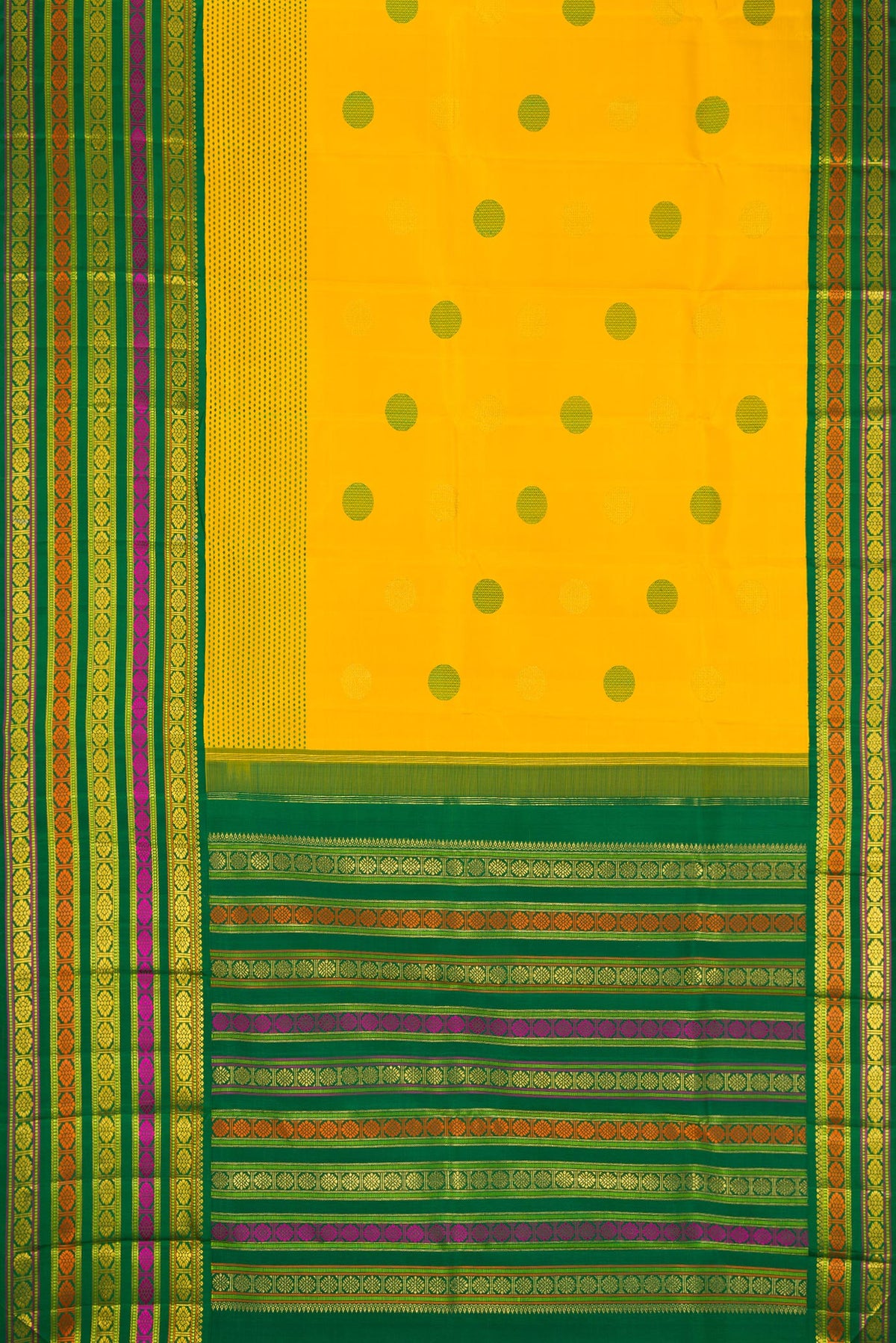 Flat view of Pure Silk Pure Zari Yellow Dual Tone Kanchipuram Saree with Zari And Thread Butta on the body and Fancy Border. 