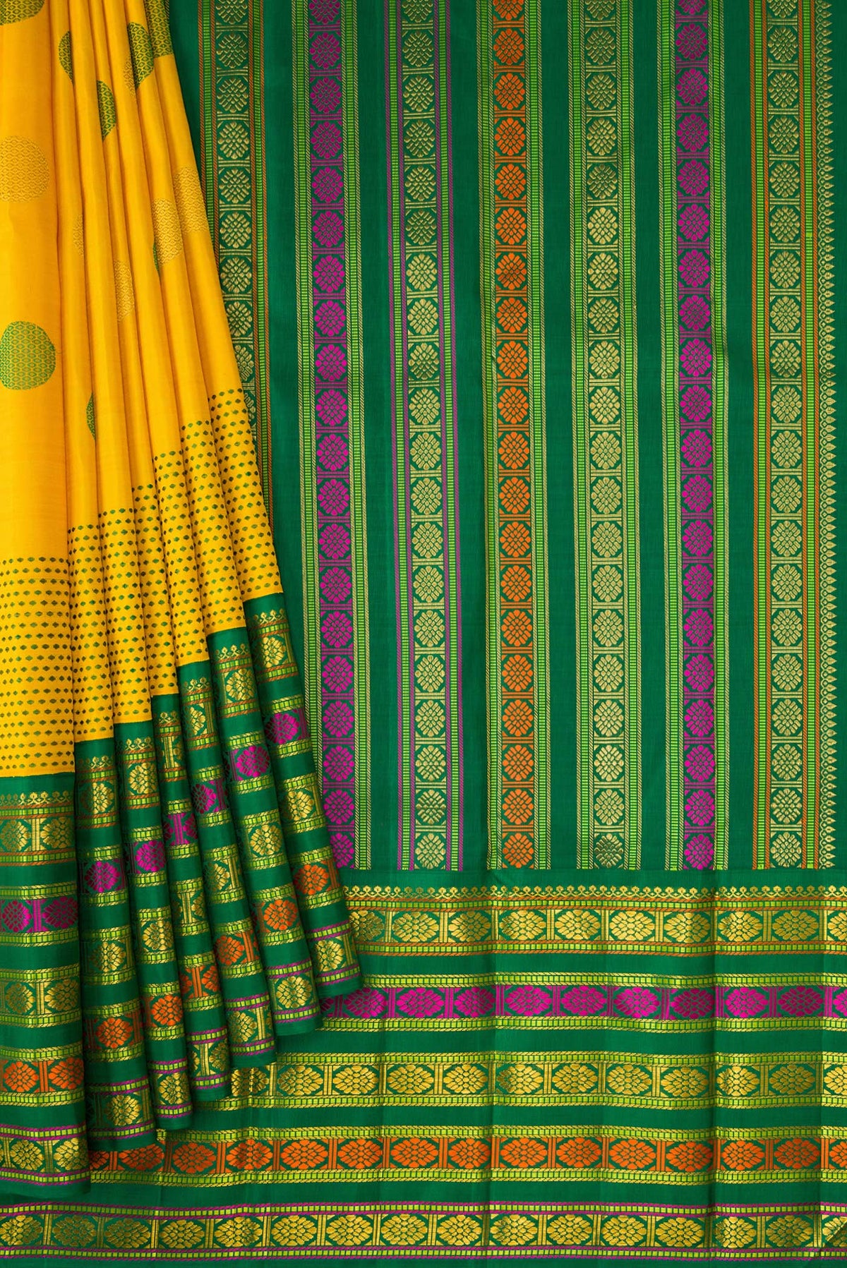 Pleats and pallu of Pure Silk Pure Zari Yellow Dual Tone Kanchipuram Saree with Zari And Thread Butta on the body and Fancy Border. 