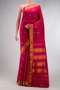 Pure Silk Pure Zari Maroon Dual Tone Kanjivaram Nine Yards Saree with Zari Butta on the body and Zari Border.  displayed on a mannequin
