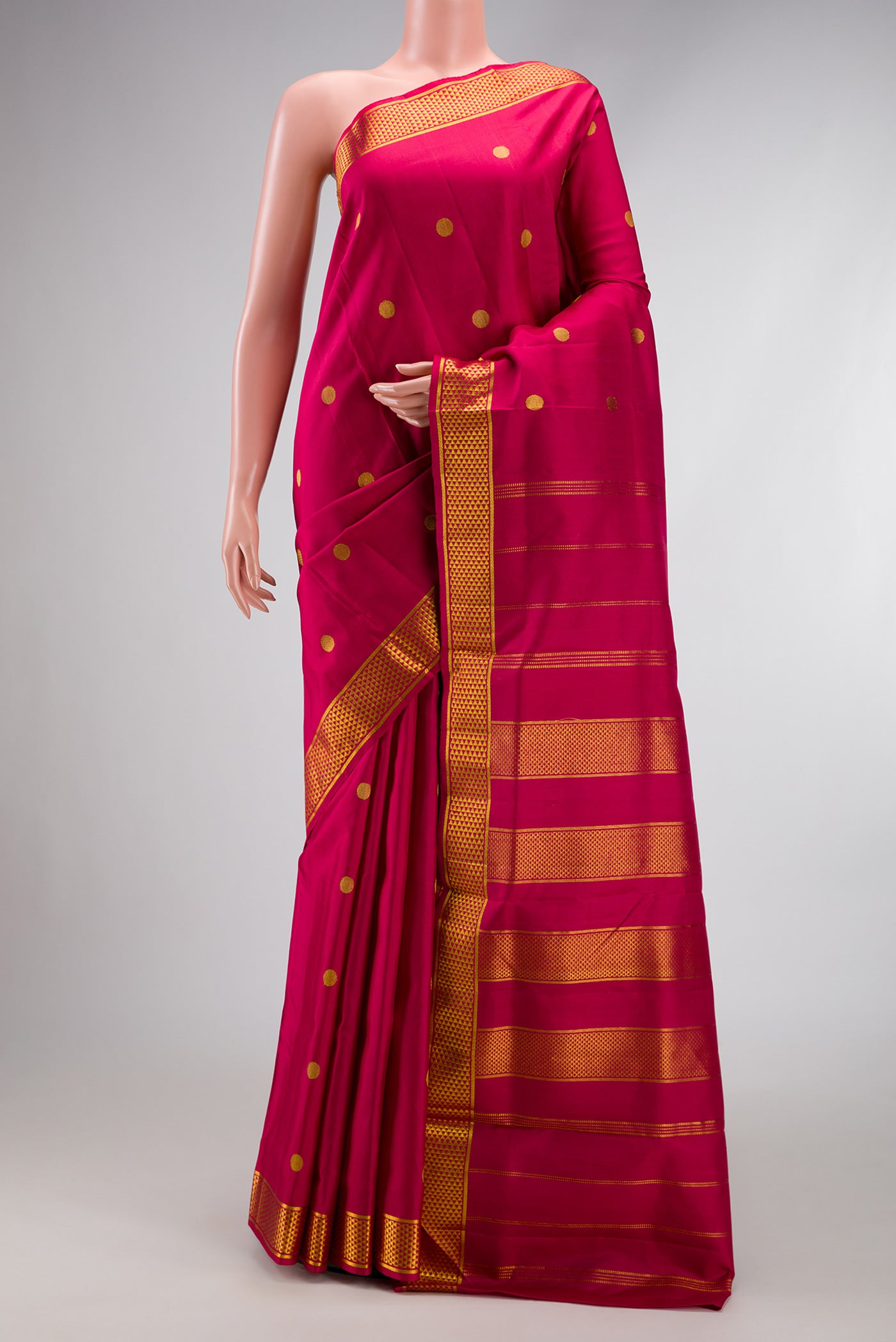 Pure Silk Pure Zari Maroon Dual Tone Kanjivaram Nine Yards Saree with Zari Butta on the body and Zari Border.  displayed on a mannequin