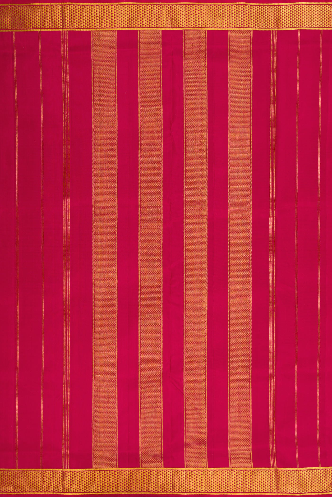 Close up image of the pallu of Pure Silk Pure Zari Maroon Dual Tone Kanjivaram Nine Yards Saree with Zari Butta on the body and Zari Border. 