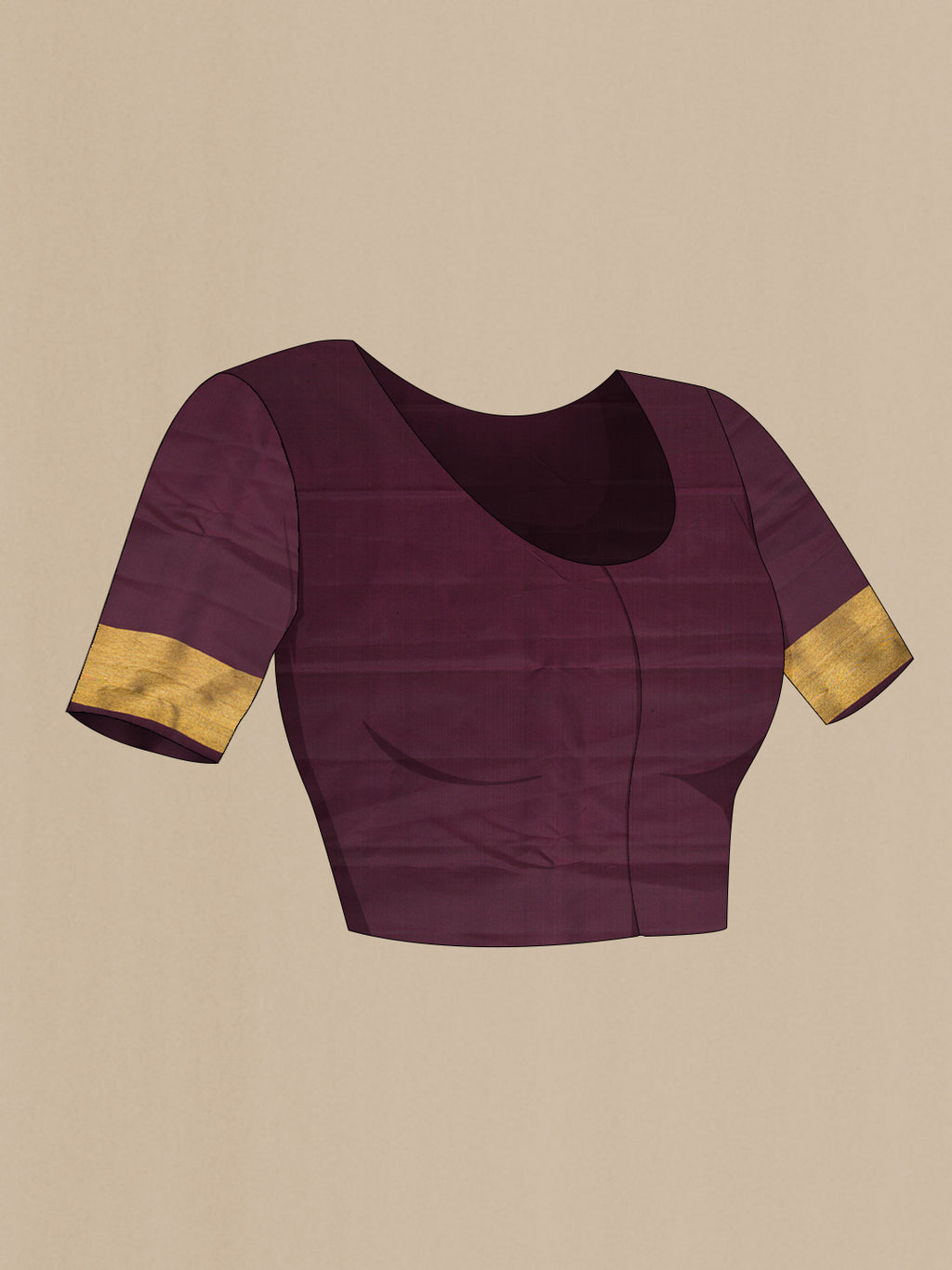 Close up image of the blouse of Burgundy Dual Tone Kanjivaram Silk Saree with Plain Body and Rising Temple Border. 