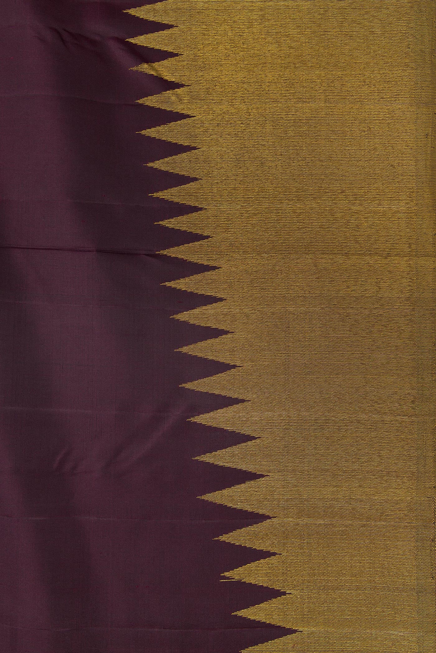 Border image of Burgundy Dual Tone Kanjivaram Silk Saree with Plain Body and Rising Temple Border. 