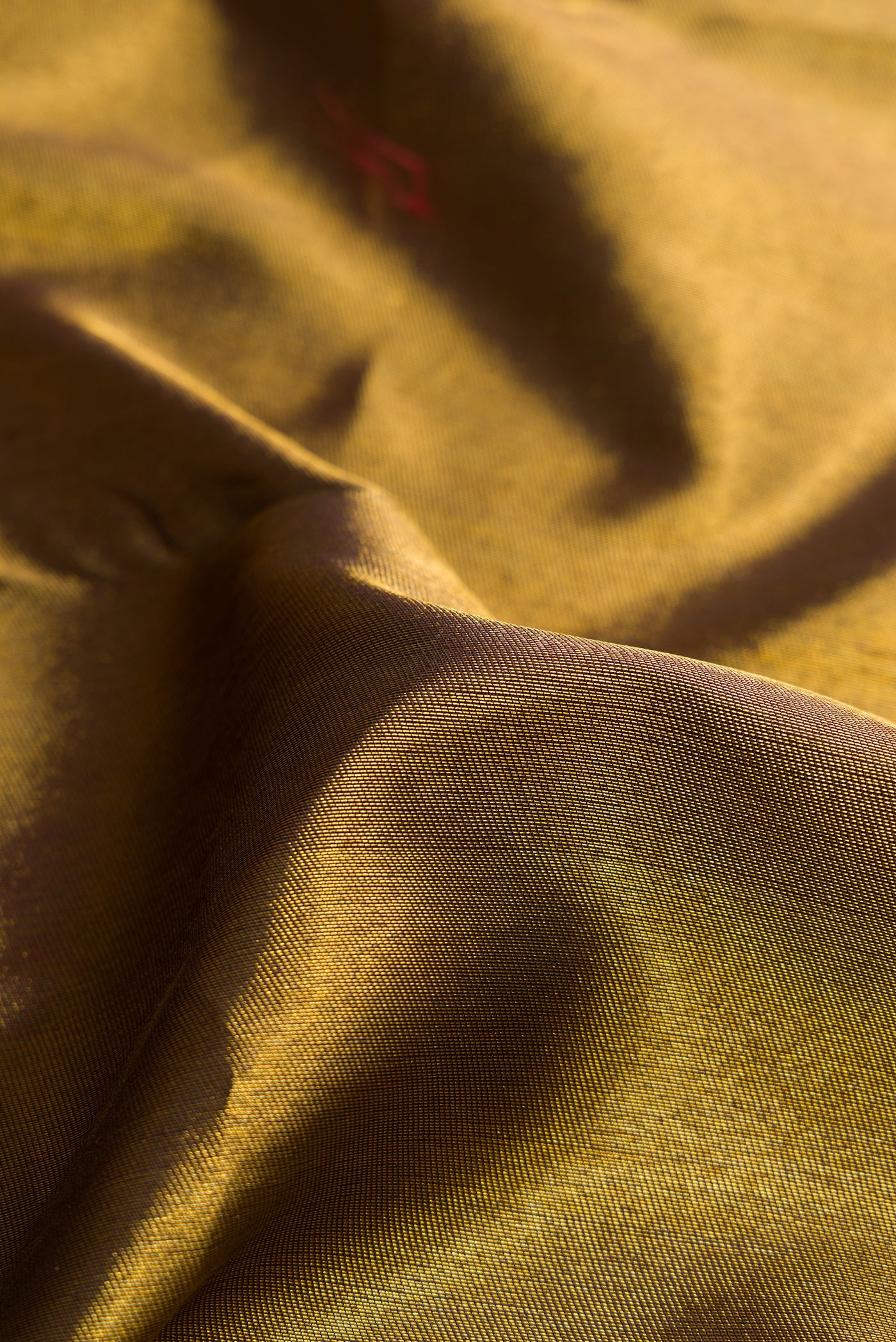 Close up of Burgundy Dual Tone Kanjivaram Silk Saree with Plain Body and Rising Temple Border.  displaying folds
