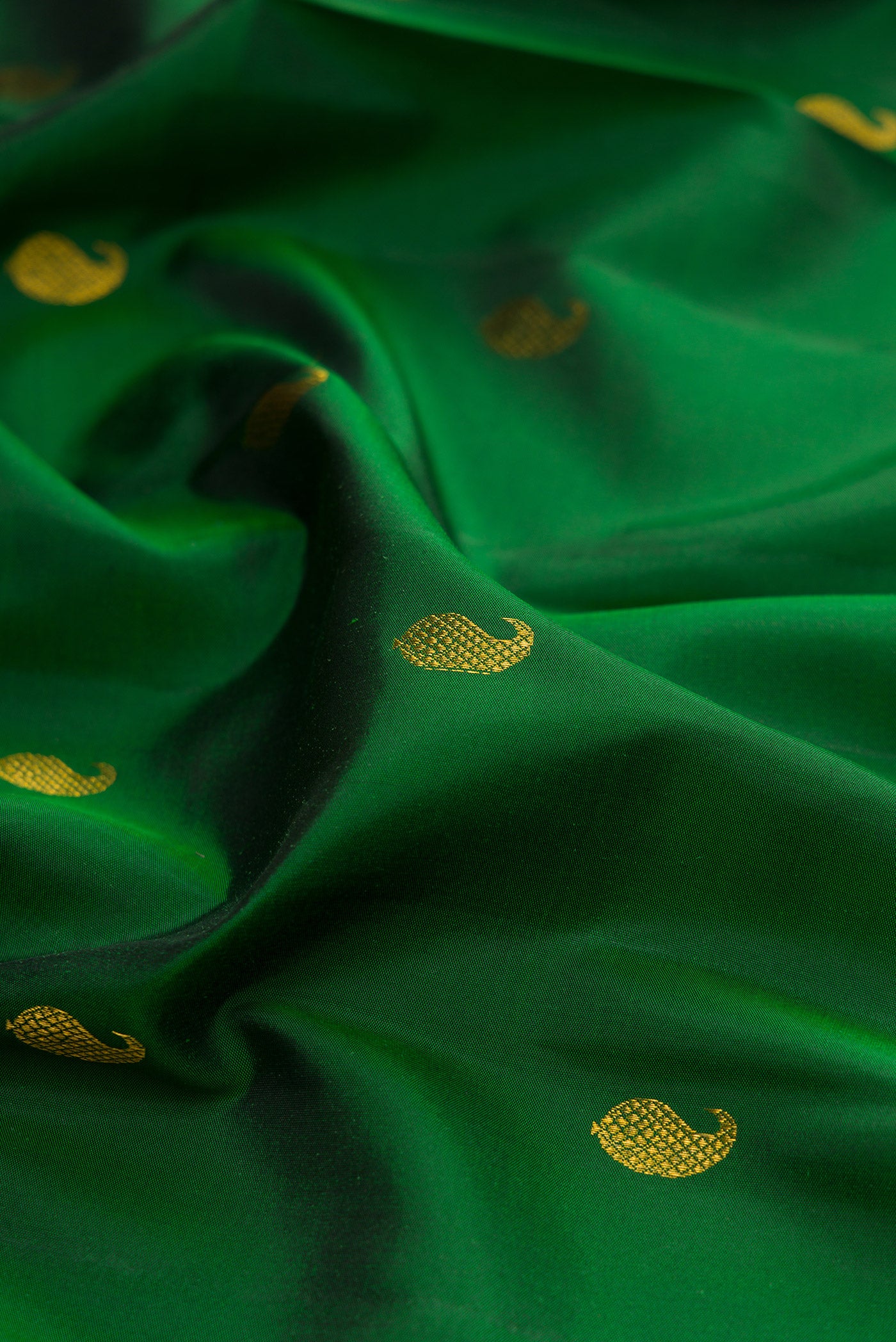 Close up of Pure Silk Bottle Green Kanjivaram Saree with Zari Butta on the body and Ganga Jamuna Border.  displaying folds