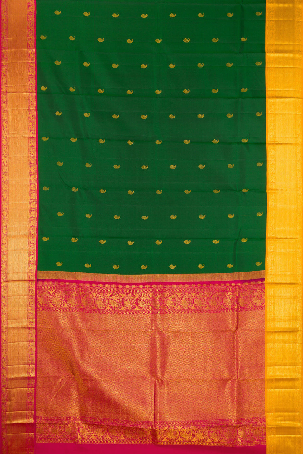 Flat view of Pure Silk Bottle Green Kanjivaram Saree with Zari Butta on the body and Ganga Jamuna Border. 