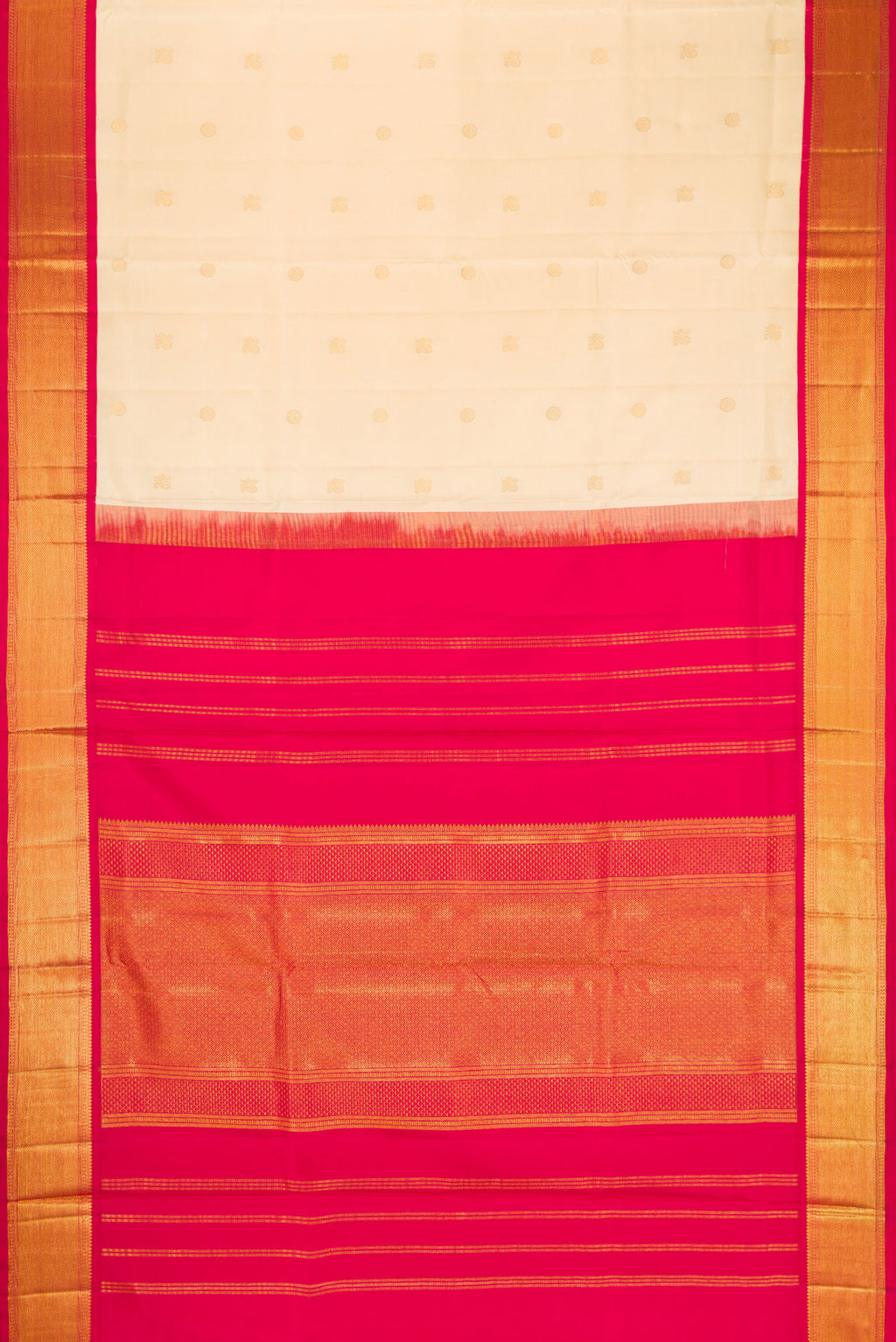Flat view of Sandal Kanjivaram Silk Nine Yards Saree with Zari Butta on the body and Zari Border. 