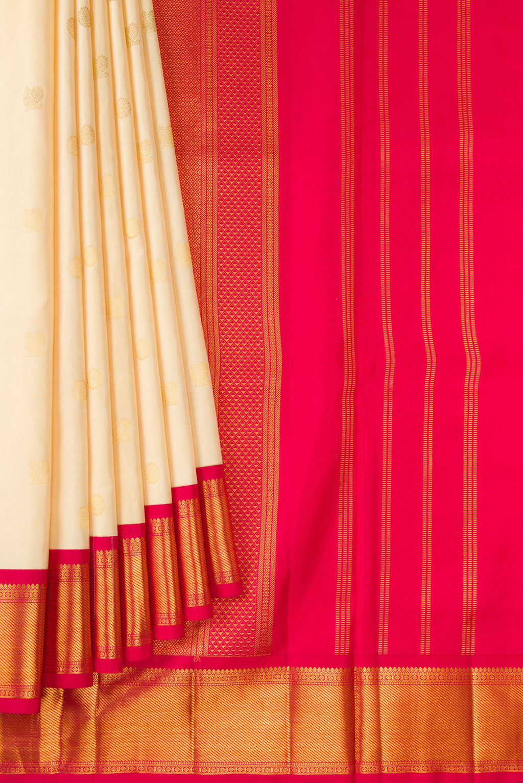 Pleats and pallu of Sandal Kanjivaram Silk Nine Yards Saree with Zari Butta on the body and Zari Border. 