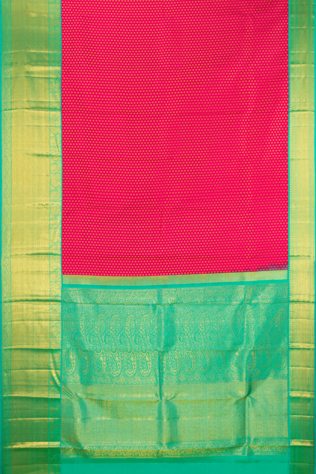 Flat view of Pure Silk Pink Kanjivaram Saree with Zari Brocade on the body and Zari Border. 