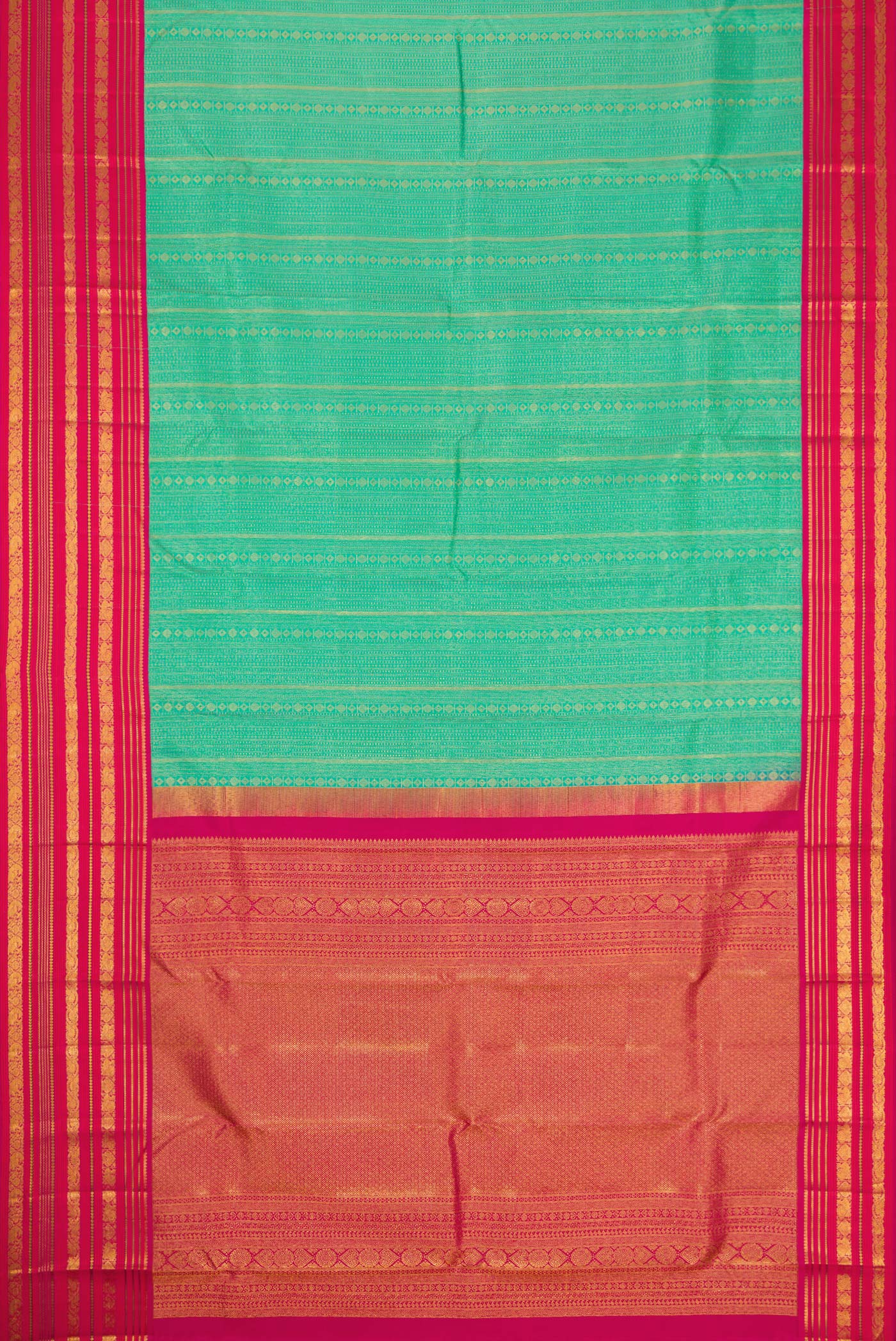 Flat view of Sea Green Dual Tone Kanjivaram Silk Saree with Zari Brocade on the body and Zari Border. 