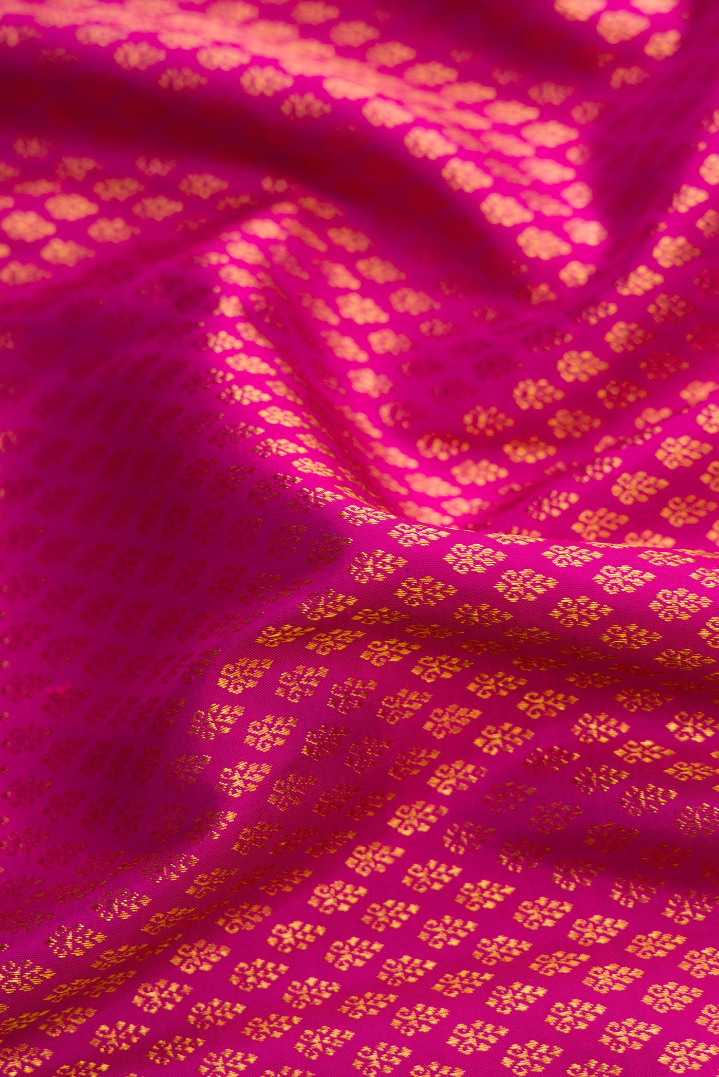Close up of Magenta Dual Tone Kanjivaram Silk Saree with Zari Brocade on the body and Zari Border.  displaying folds