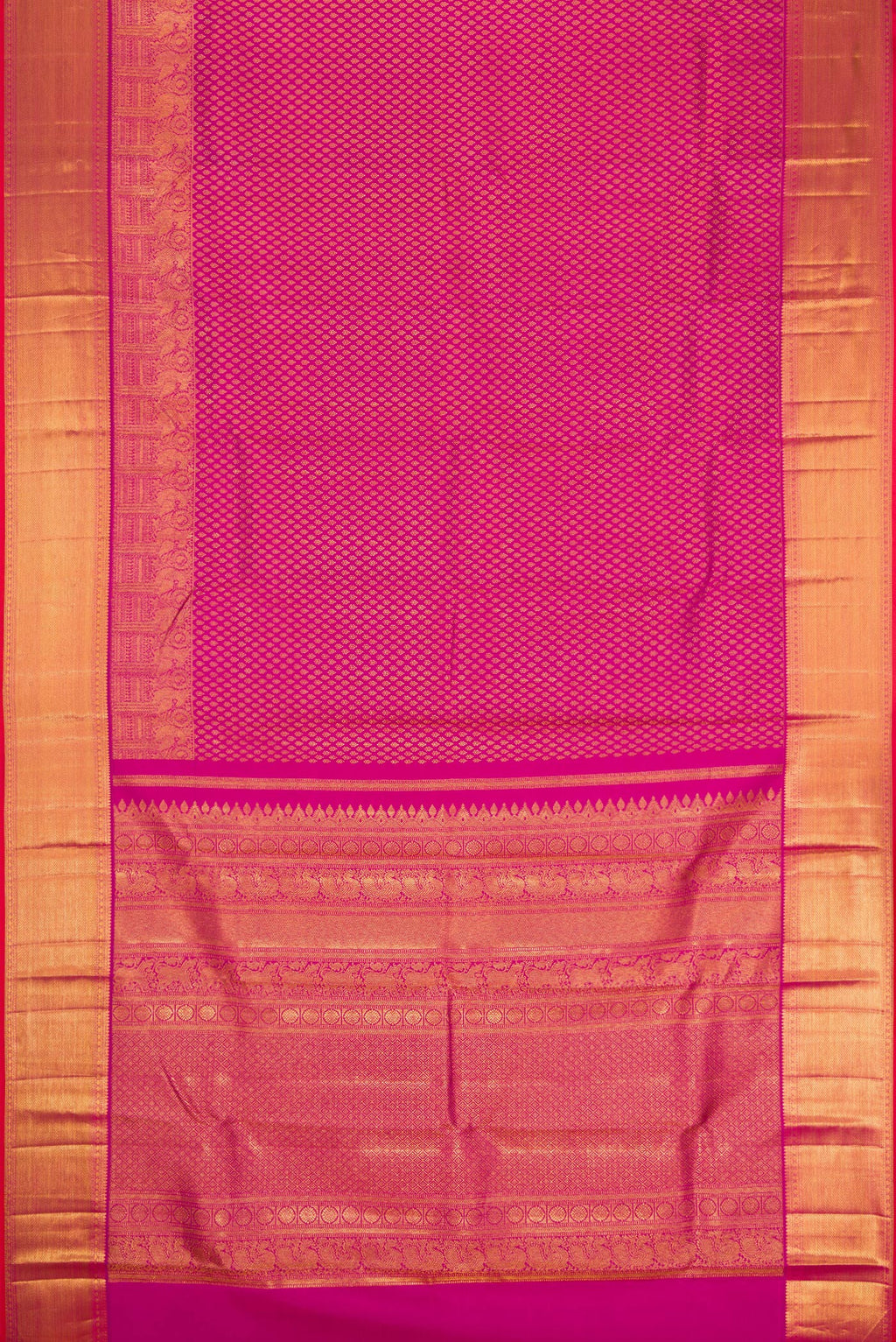Flat view of Magenta Dual Tone Kanjivaram Silk Saree with Zari Brocade on the body and Zari Border. 