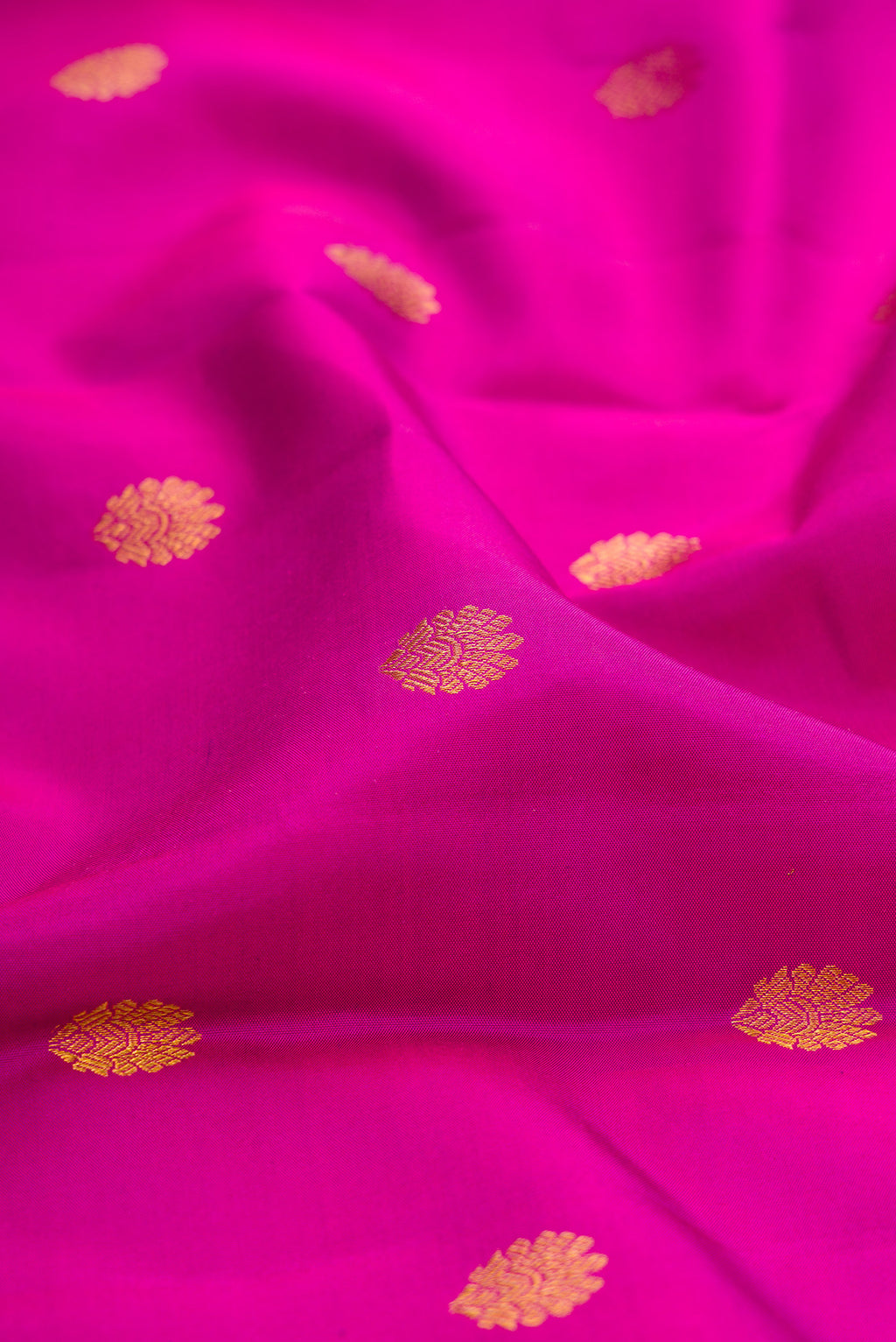 Close up of Magenta Kanchipuram Silk Saree with Zari Butta on the body and Fancy Border.  displaying folds