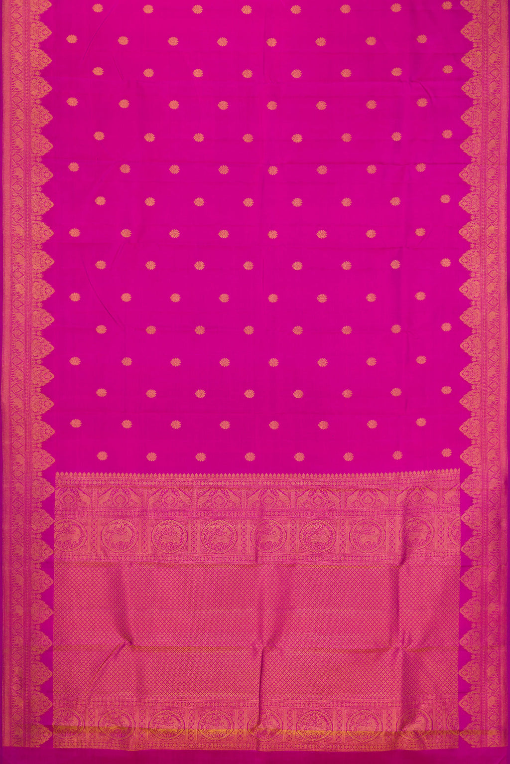 Flat view of Magenta Kanchipuram Silk Saree with Zari Butta on the body and Fancy Border. 
