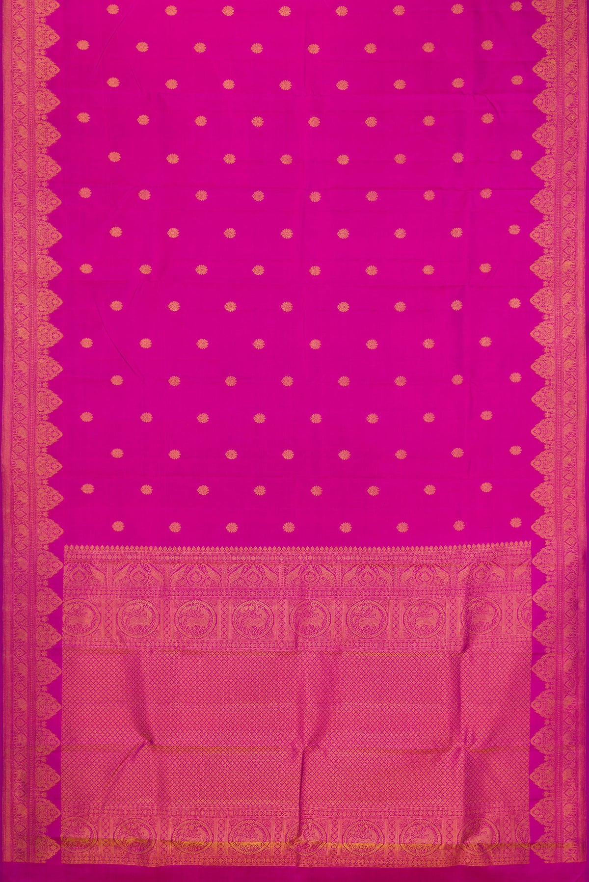 Flat view of Magenta Kanchipuram Silk Saree with Zari Butta on the body and Fancy Border. 
