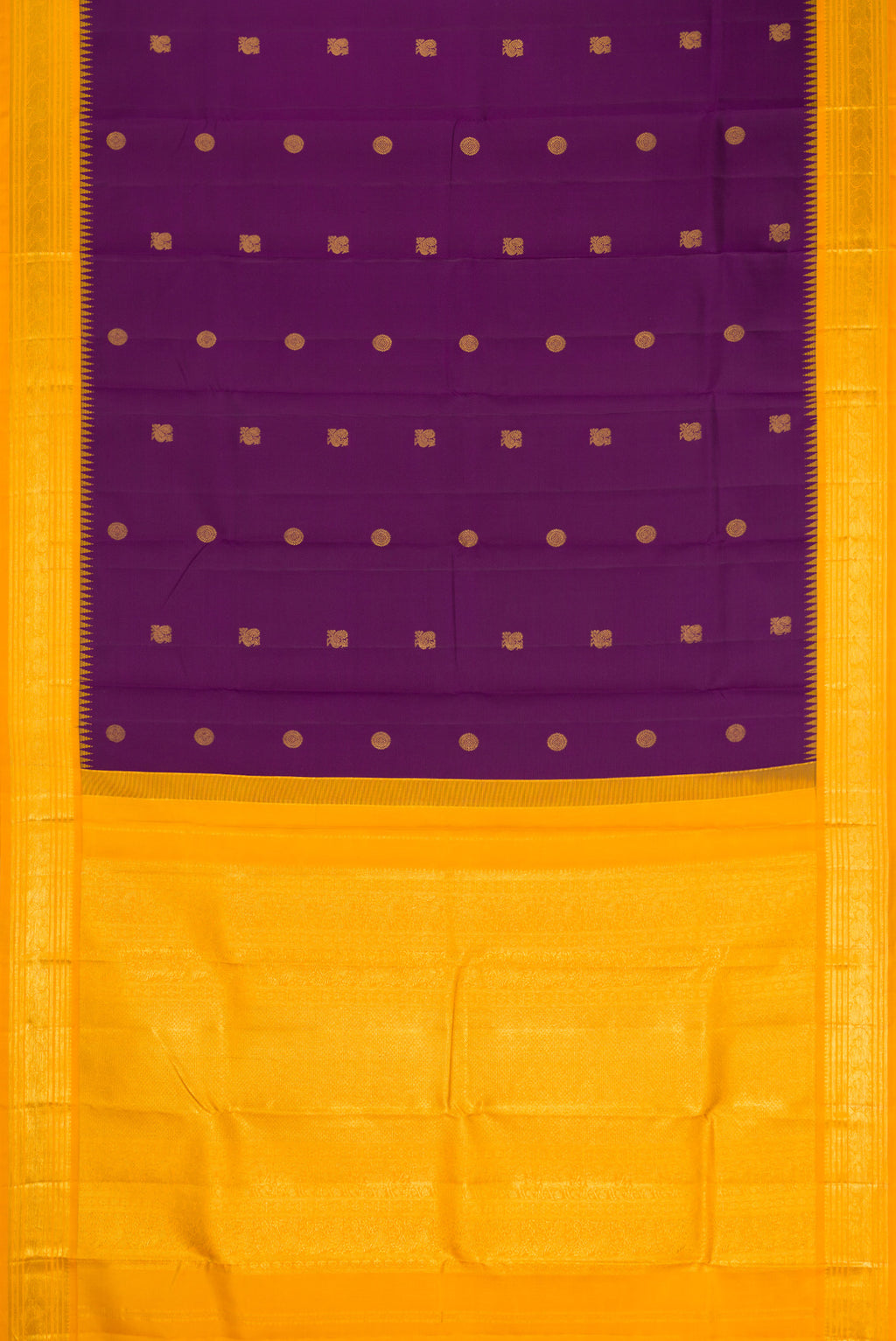 Flat view of Purple Kanchipuram Silk Saree with Zari Butta on the body and Zari Border. 