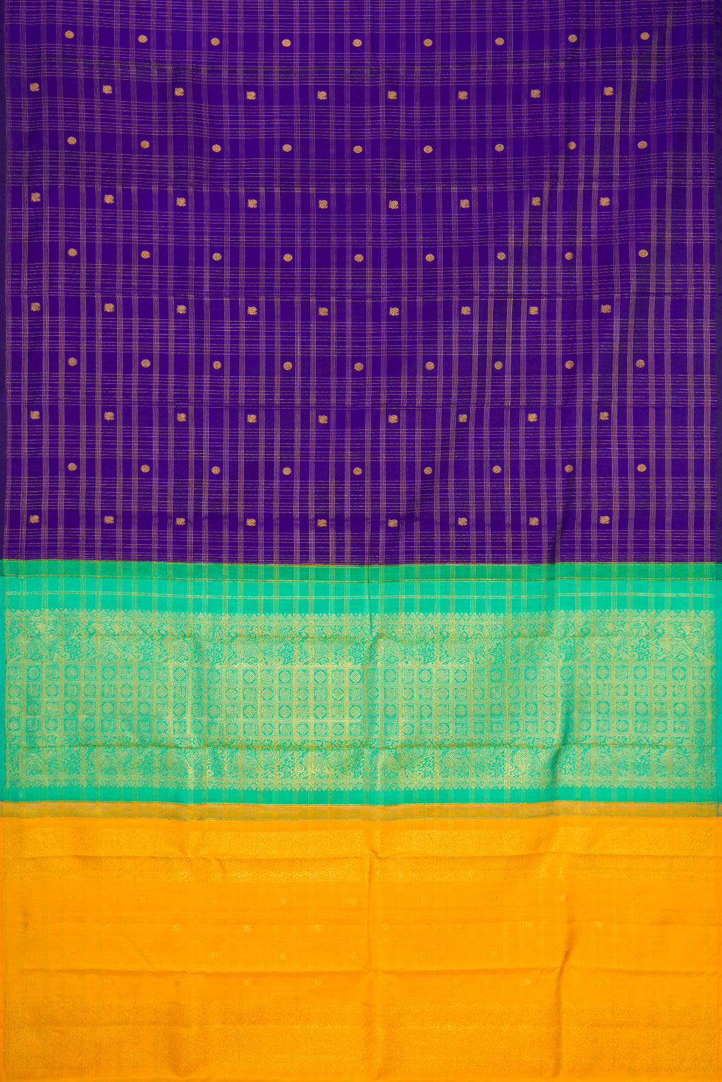 Flat view of Dark Blue Kanchipuram Silk Saree with Checked design on the body and Without Border. 