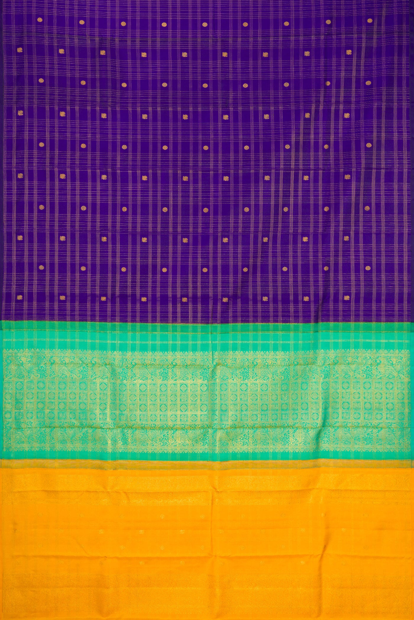 Flat view of Dark Blue Kanchipuram Silk Saree with Checked design on the body and Without Border. 
