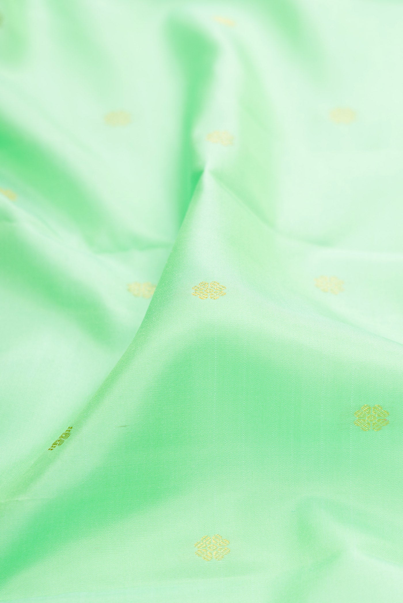 Close up of Pista Green Kanchipuram Silk Saree with Zari Butta on the body and Fancy Border.  displaying folds