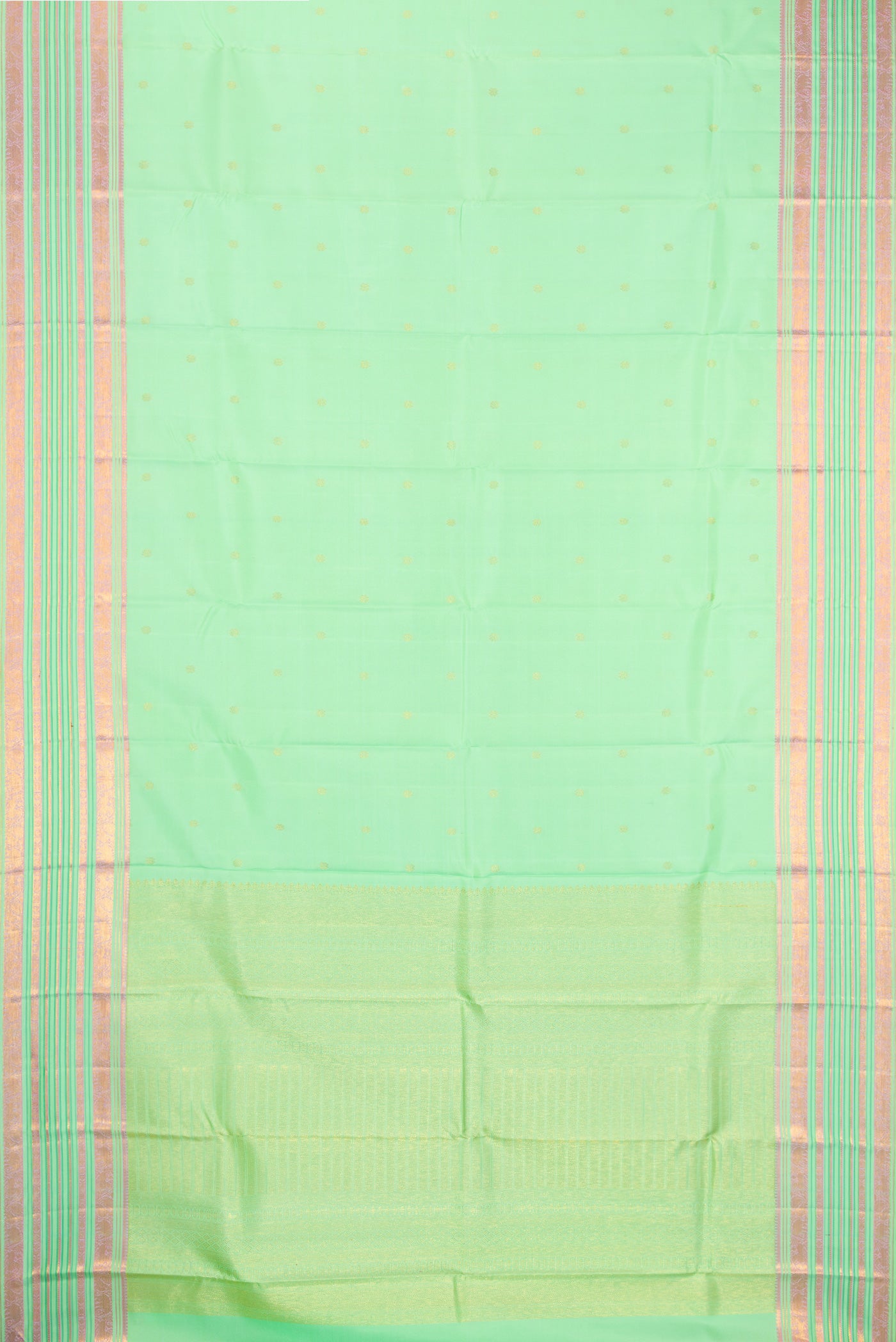 Flat view of Pista Green Kanchipuram Silk Saree with Zari Butta on the body and Fancy Border. 
