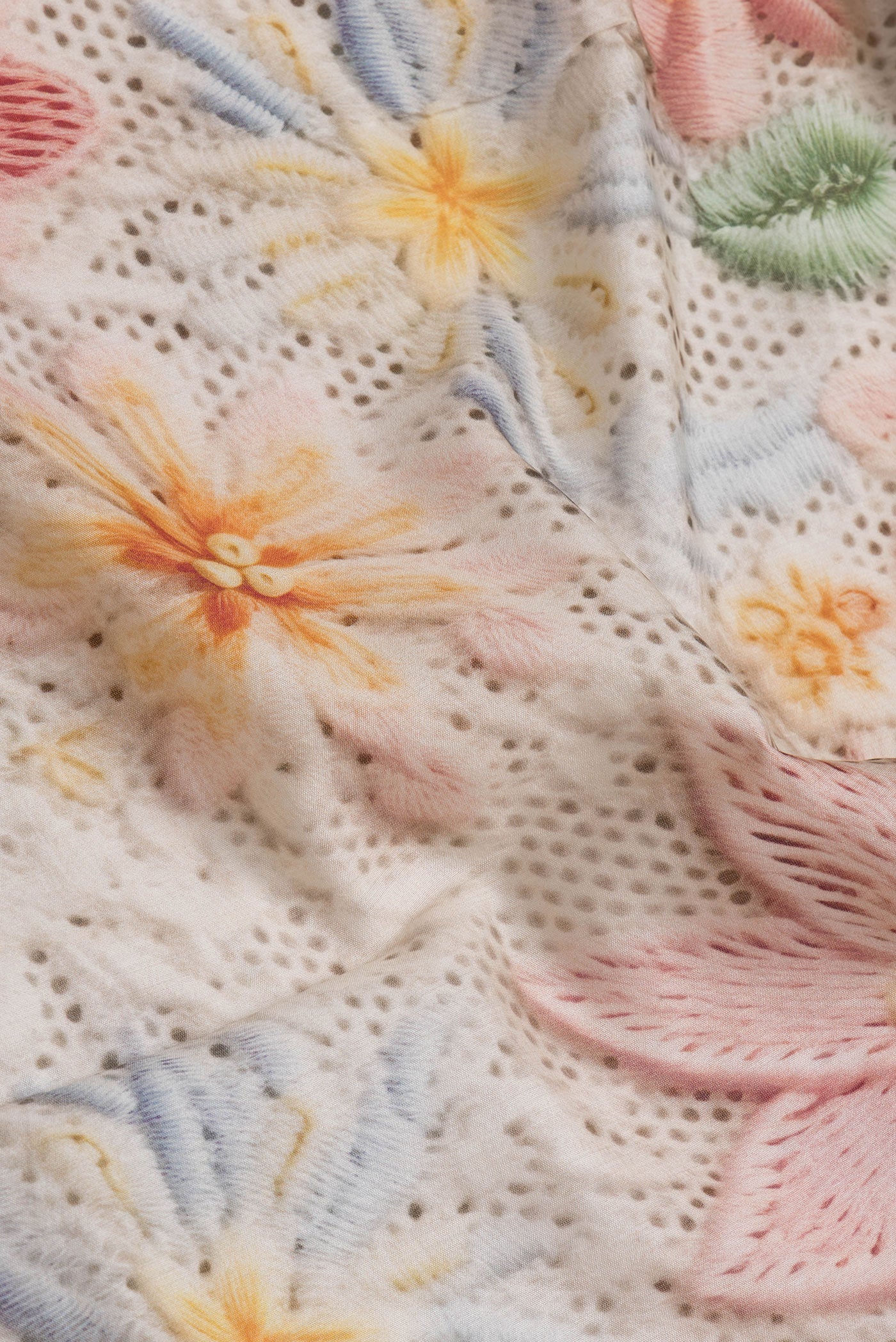 Close up of Beige Dual Tone Chanderi Silk Saree with Printed design on the body and Zari Border.  displaying folds
