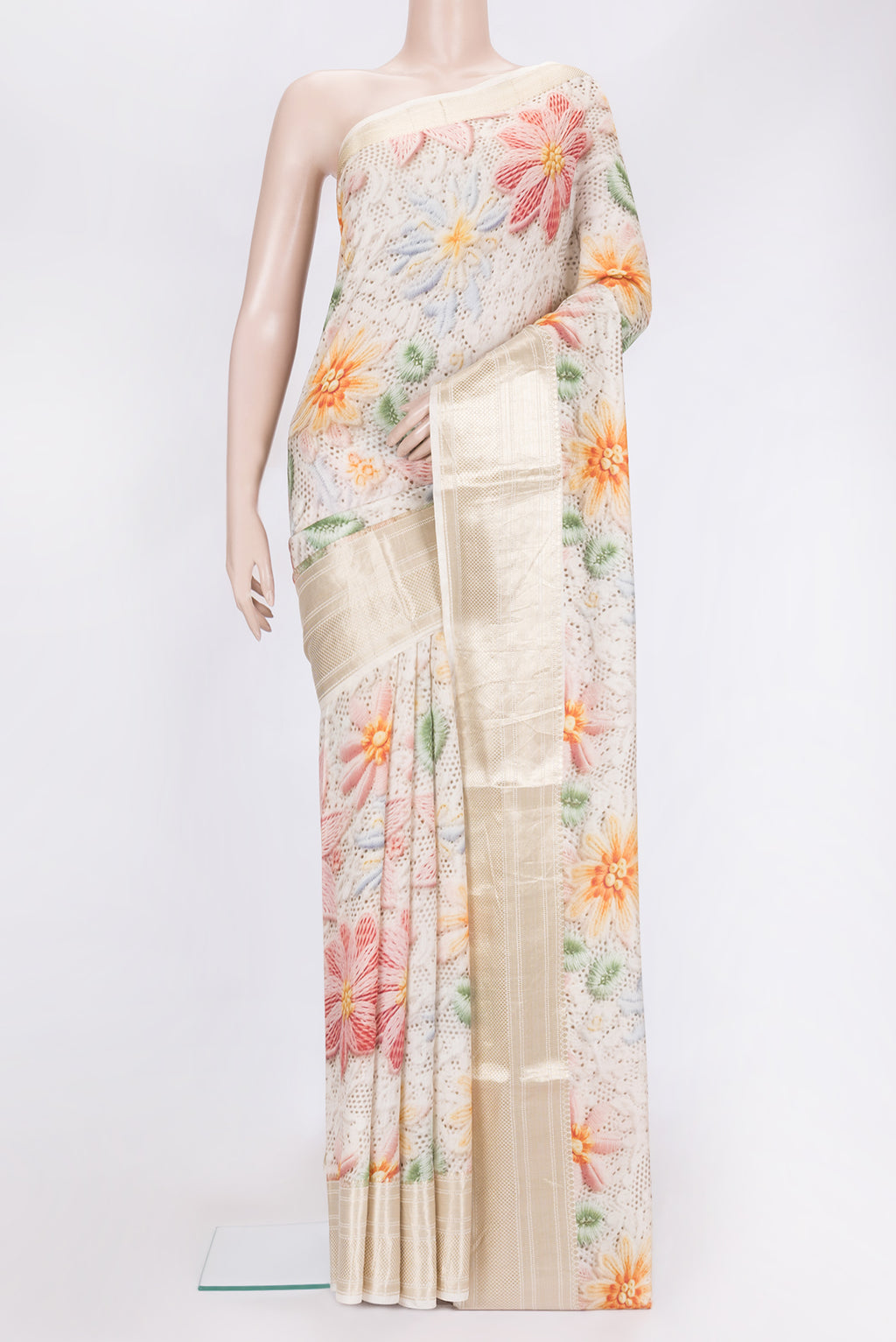 Beige Dual Tone Chanderi Silk Saree with Printed design on the body and Zari Border.  displayed on a mannequin