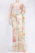 Beige Dual Tone Chanderi Silk Saree with Printed design on the body and Zari Border.  displayed on a mannequin