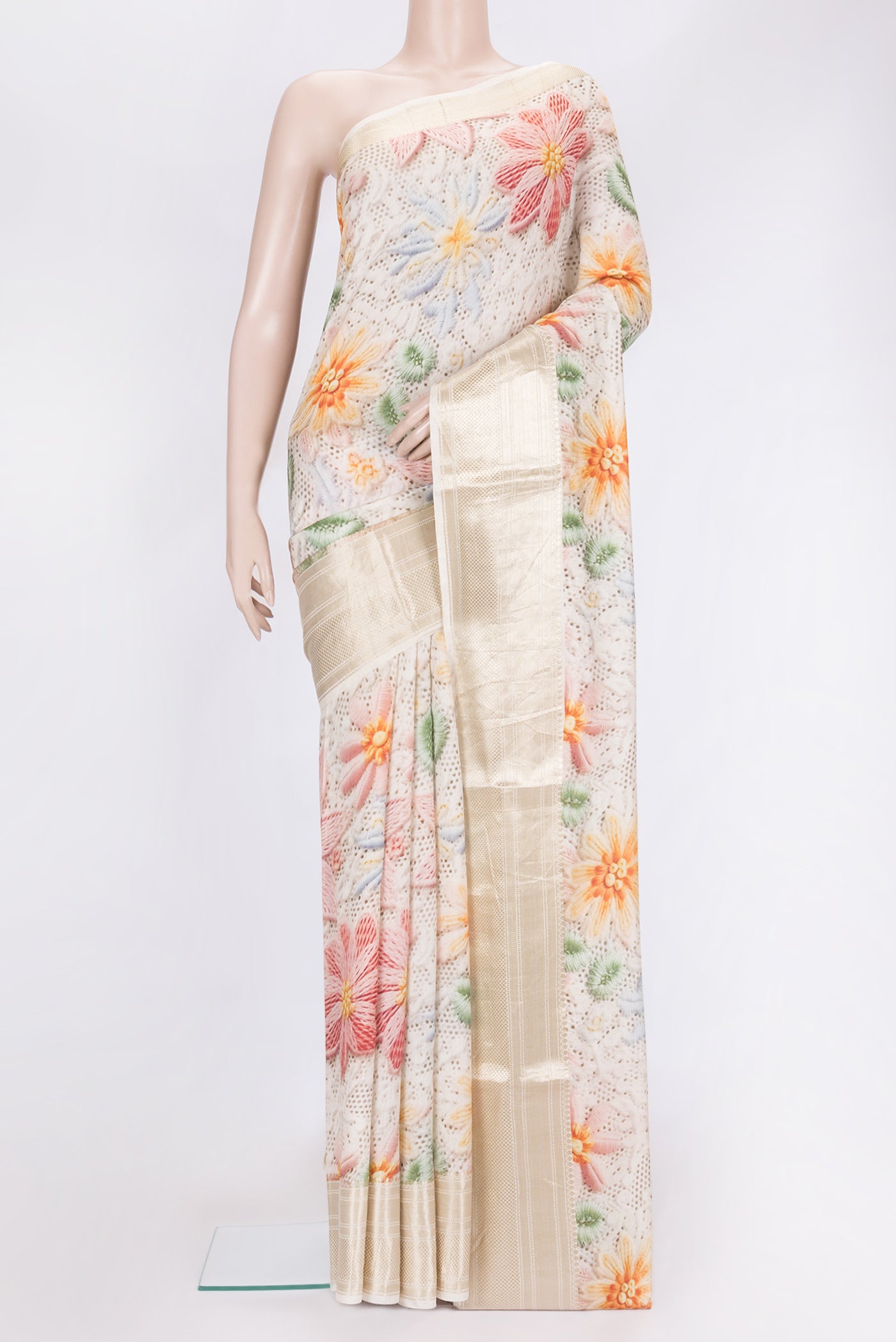 Beige Dual Tone Chanderi Silk Saree with Printed design on the body and Zari Border.  displayed on a mannequin