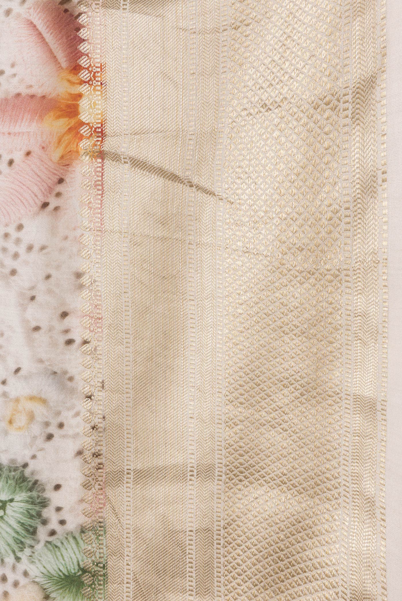 Border image of Beige Dual Tone Tussar Silk Saree with Printed design on the body and Zari Border. 