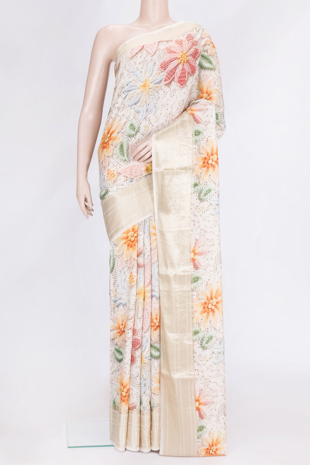 Beige Dual Tone Tussar Silk Saree with Printed design on the body and Zari Border.  displayed on a mannequin