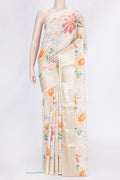 Beige Dual Tone Tussar Silk Saree with Printed design on the body and Zari Border.  displayed on a mannequin