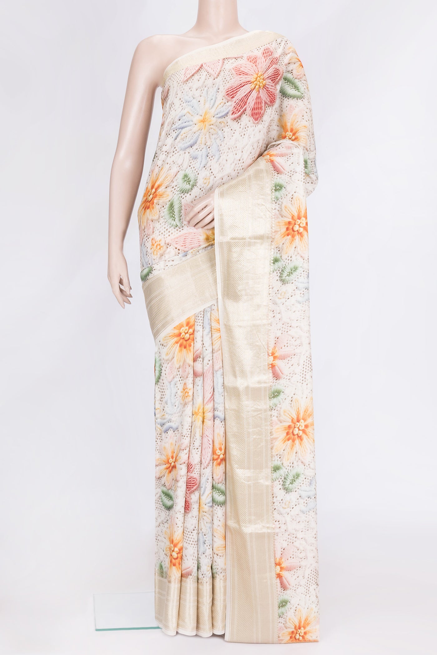 Beige Dual Tone Tussar Silk Saree with Printed design on the body and Zari Border.  displayed on a mannequin