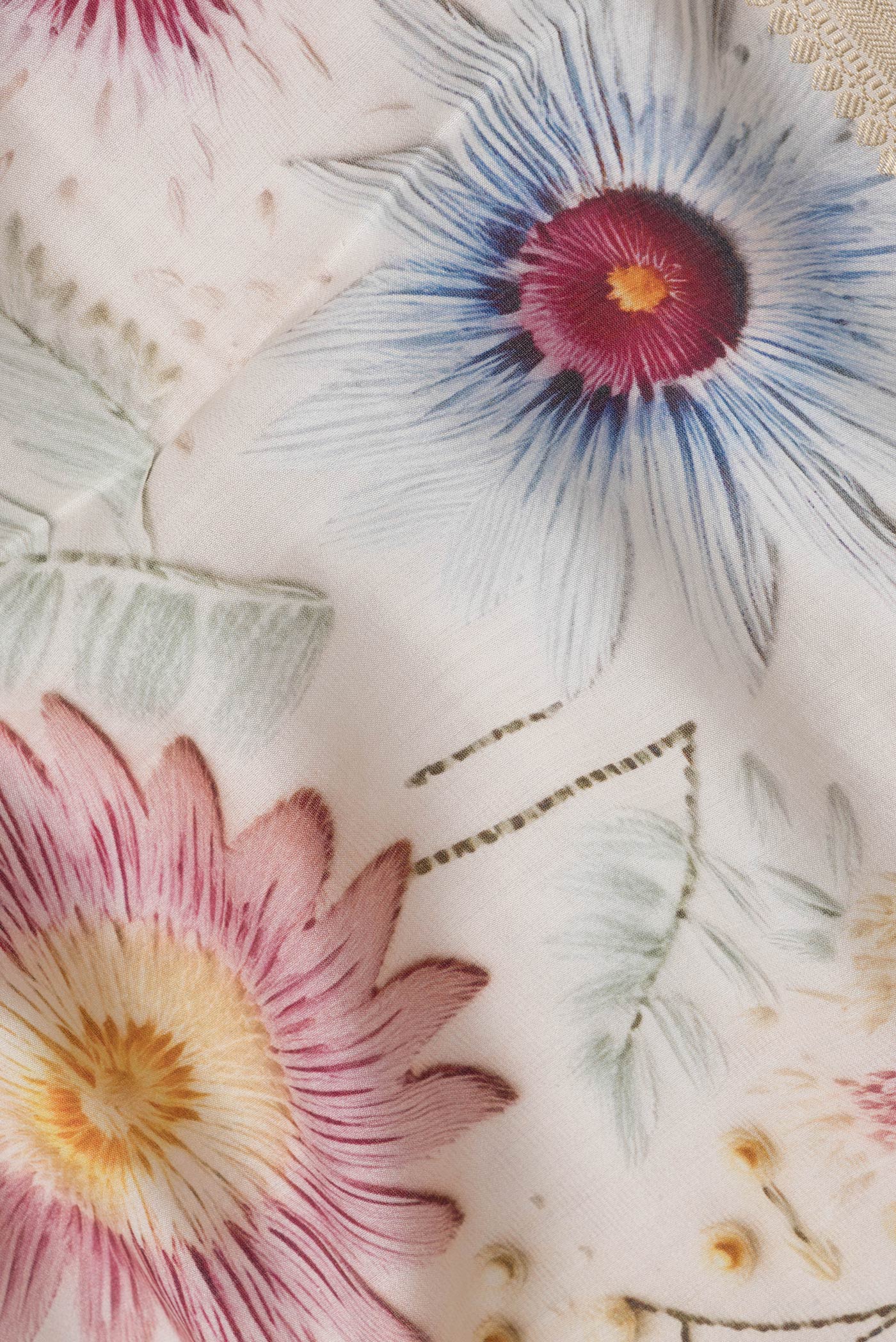 Close up of Beige Dual Tone Chanderi Silk Saree with Printed design on the body and Zari Border.  displaying folds