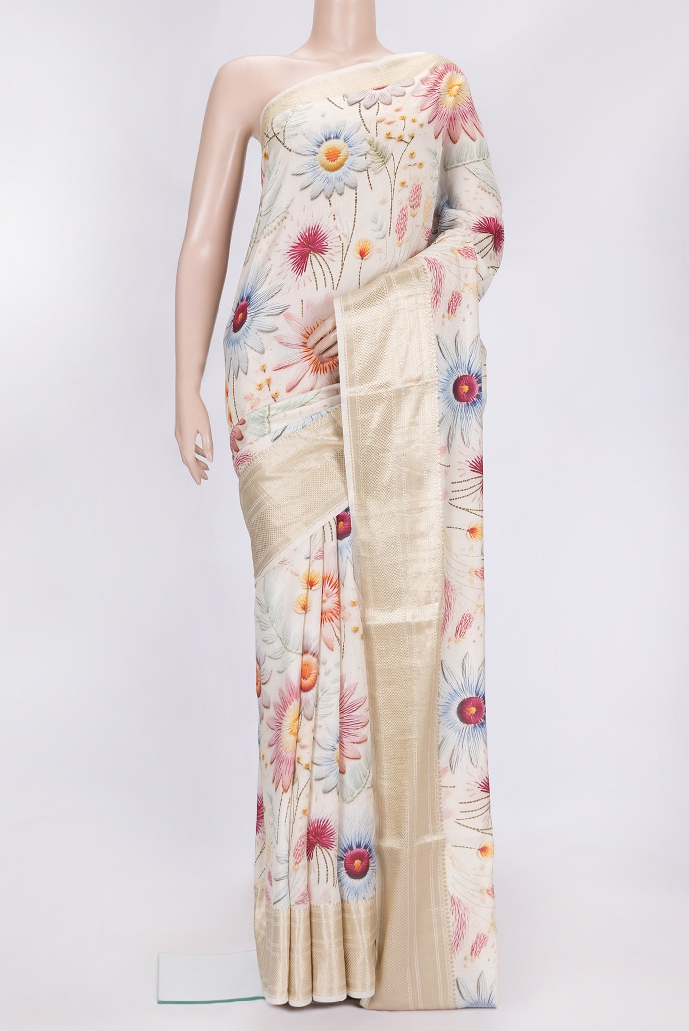Beige Dual Tone Chanderi Silk Saree with Printed design on the body and Zari Border.  displayed on a mannequin