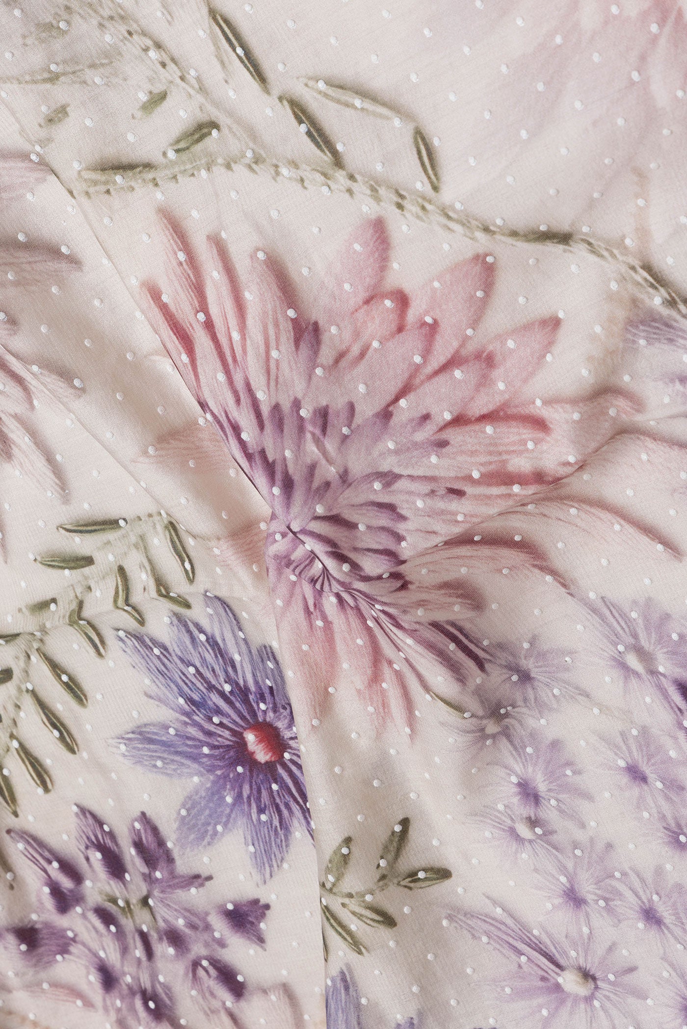 Close up of Beige Dual Tone Chanderi Silk Saree with Printed design on the body and Zari Border.  displaying folds