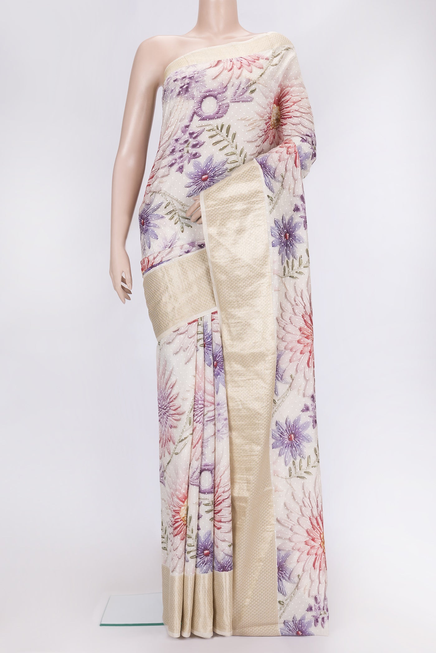 Beige Dual Tone Chanderi Silk Saree with Printed design on the body and Zari Border.  displayed on a mannequin