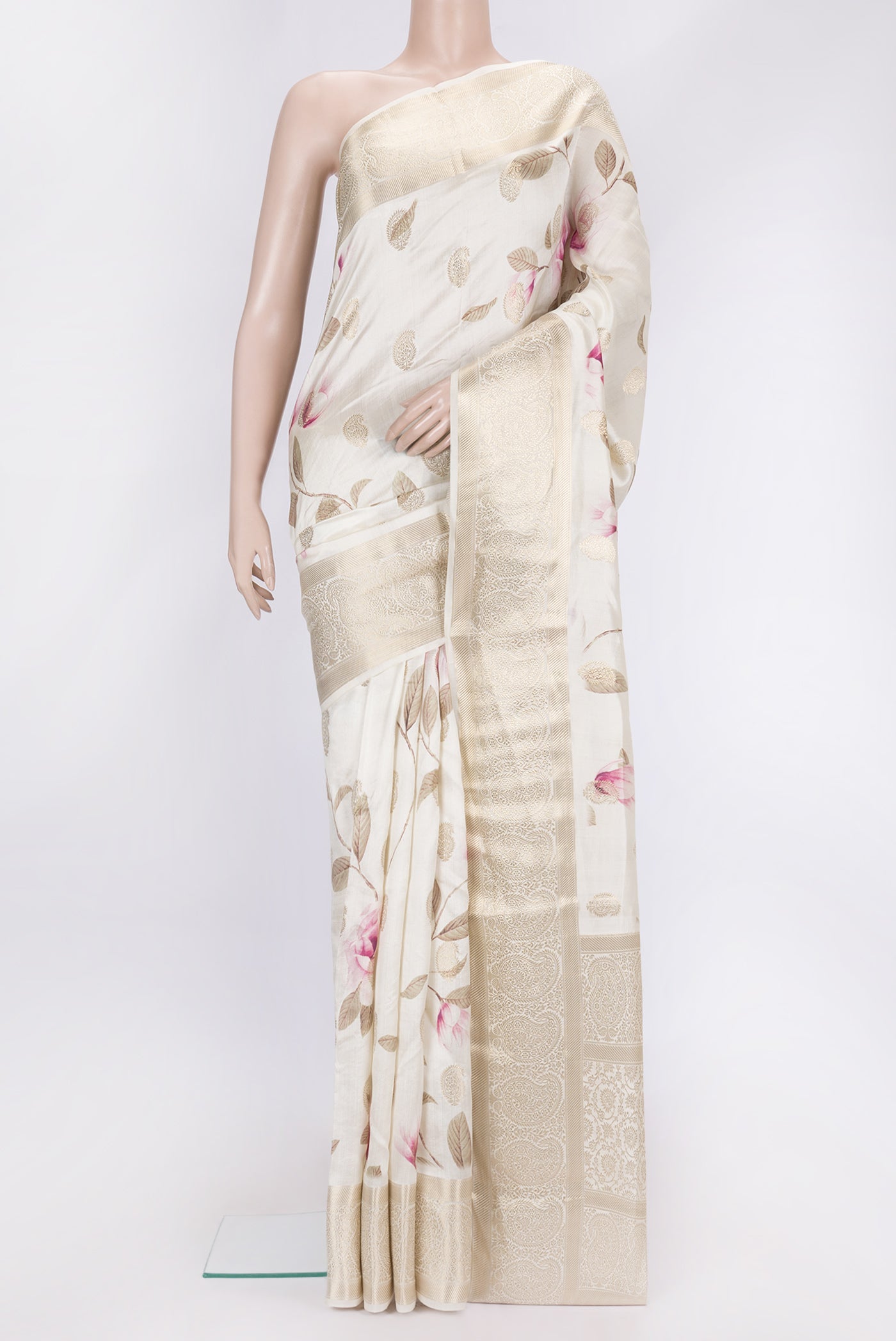 Beige Dual Tone Chanderi Silk Saree with Zari Butta on the body and Zari Border.  displayed on a mannequin