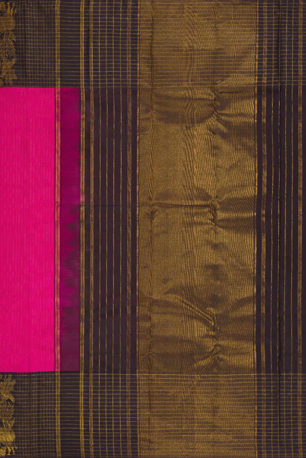 Close up image of the pallu of Pink Dual Tone Kanchipuram Silk Saree with Stripes on the body and Fancy Border. 