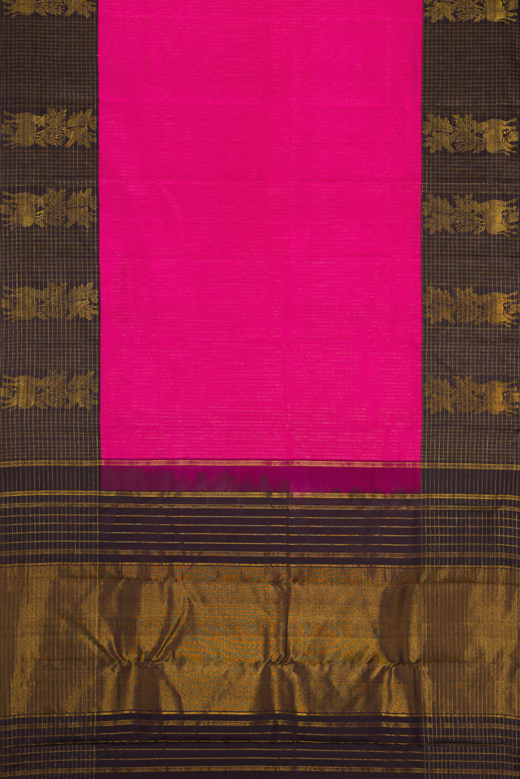 Flat view of Pink Dual Tone Kanchipuram Silk Saree with Stripes on the body and Fancy Border. 