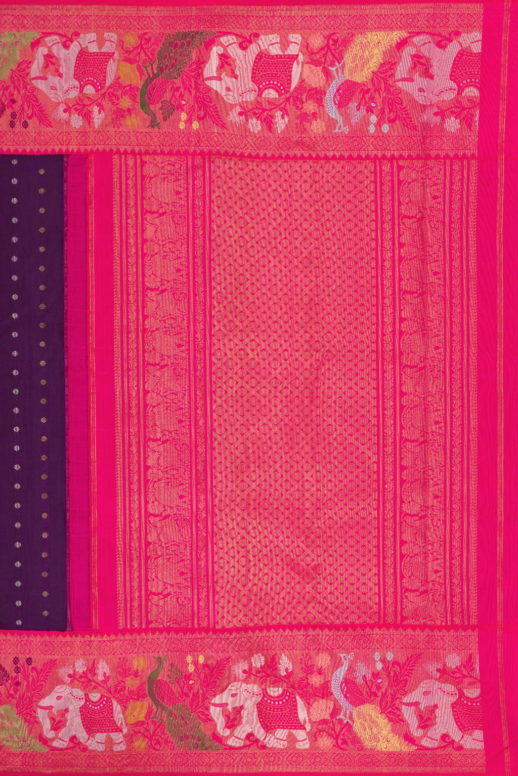 Close up image of the pallu of Pure Silk Pure Zari Navy Blue Dual Tone Kanjivaram Saree with Zari Butta on the body and Fancy Border. 