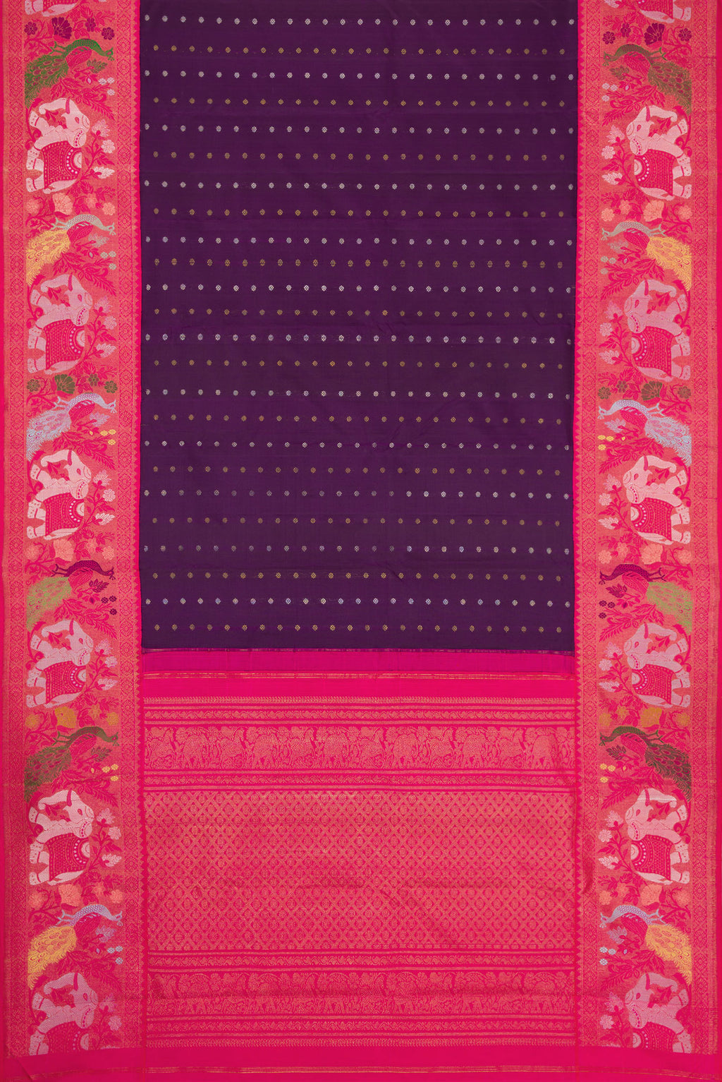 Flat view of Pure Silk Pure Zari Navy Blue Dual Tone Kanjivaram Saree with Zari Butta on the body and Fancy Border. 
