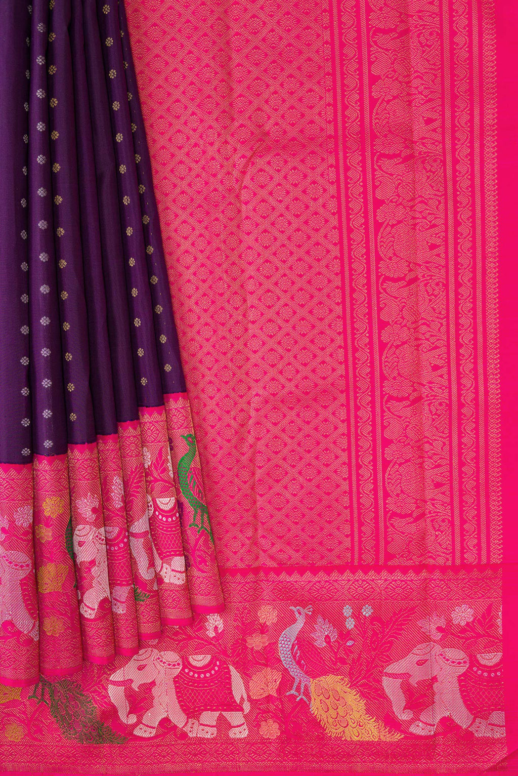 Pleats and pallu of Pure Silk Pure Zari Navy Blue Dual Tone Kanjivaram Saree with Zari Butta on the body and Fancy Border. 