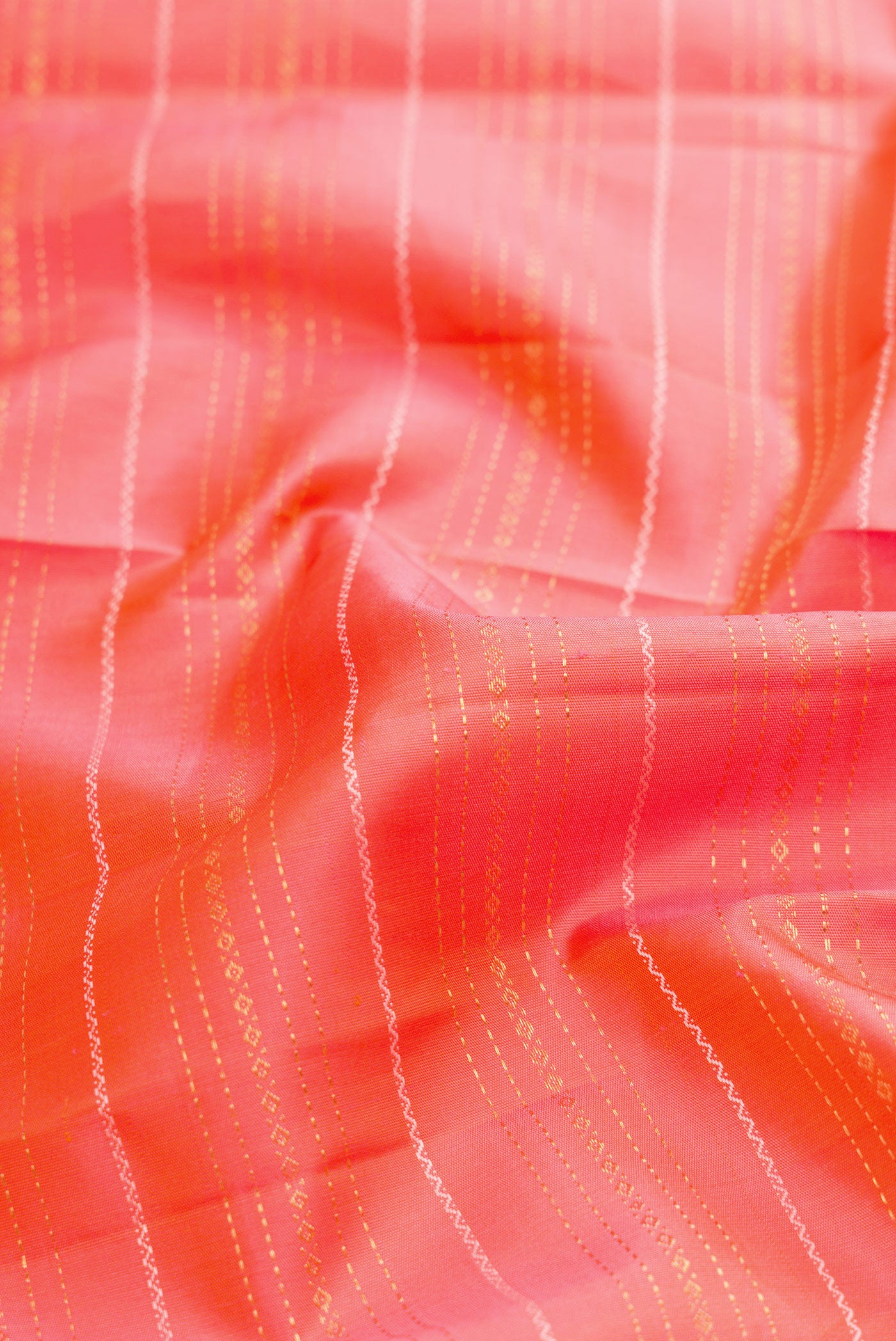 Close up of Pure Silk Pure Zari Pink Dual Tone Kanjivaram Saree with Stripes on the body and Fancy Border.  displaying folds