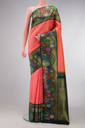 Pure Silk Pure Zari Pink Dual Tone Kanjivaram Saree with Stripes on the body and Fancy Border.  displayed on a mannequin