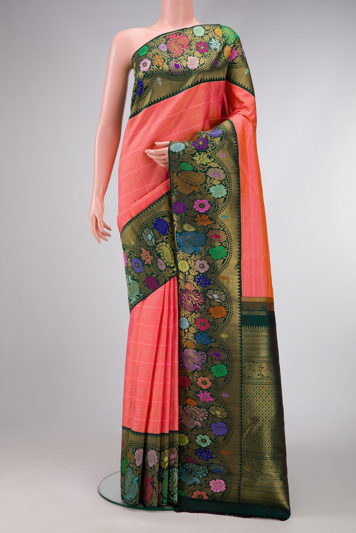 Pure Silk Pure Zari Pink Dual Tone Kanjivaram Saree with Stripes on the body and Fancy Border.  displayed on a mannequin